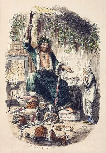 Ebenezer Scrooge and the Ghost of Christmas Present. From Charles Dickens's A Christmas Carol, 1843.