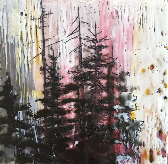 “Tree Variation #6 ‘‘ (encaustic on panel), by Helene Farrar. She is a member of New England Wax, which promotes the art of encaustic painting, which uses bee’s wax. From her bio: “Hélène Farrar has taught and worked in the visual arts for twenty ye…