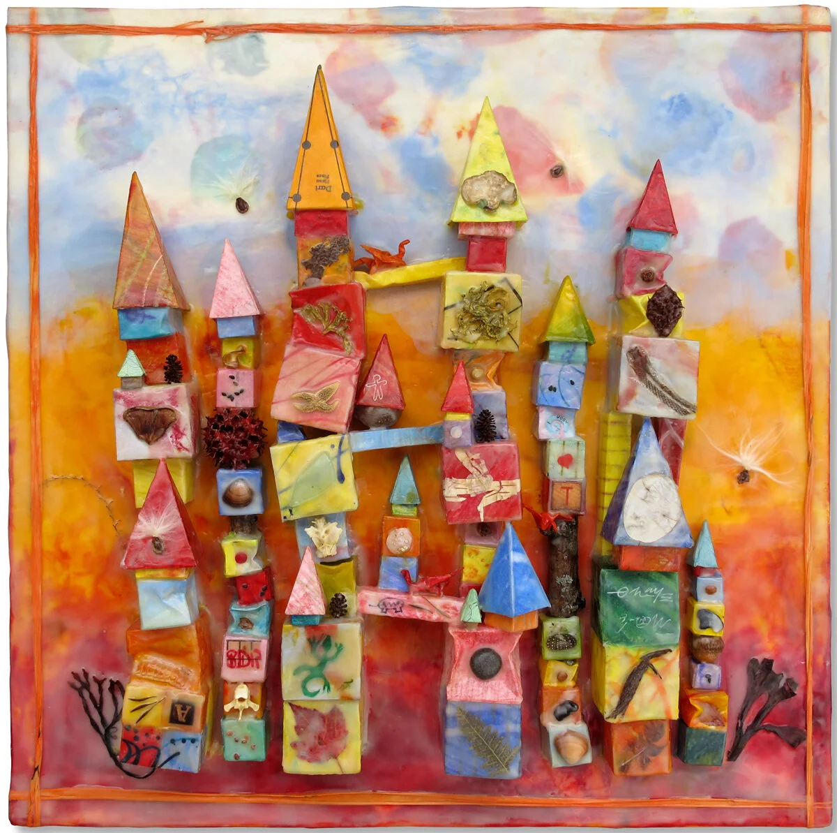 “Old Growth” (encaustic monotype and origami assemblage), by Jeanne Borofsky