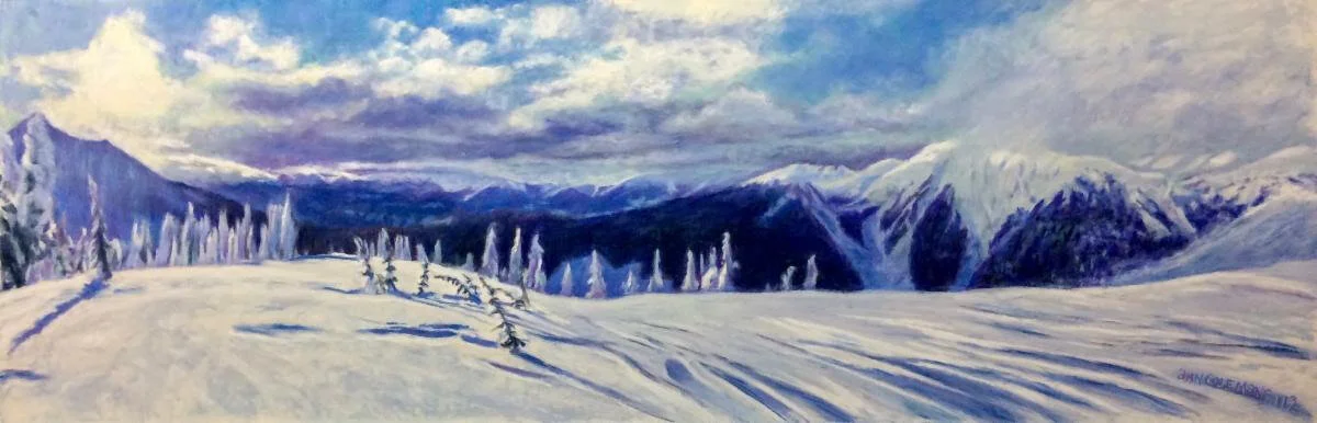 "Top of the World" (pastel), by Ann Coleman, in the Ann Coleman Gallery, West Dover, Vt., part of Dover, in southern Vermont, and best know for Mount Snow, the big ski area that was among the first to install snow-making equipment and that has alway…