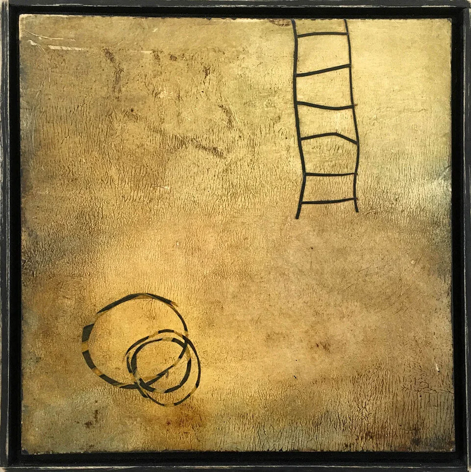 “Hidden Myth” (collagraph, wax, tape), by Soosen Dunholter, a Peterboro, N.H.-based painter.