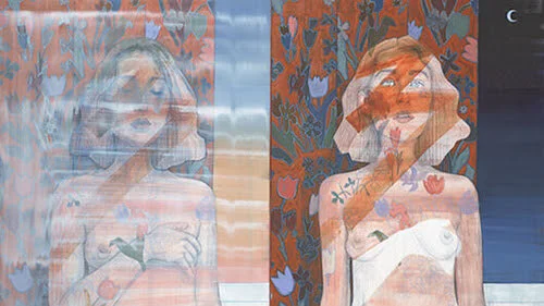 “Paint Me to Match My Grandma's Drapes’’ (oil and acrylic on canvas), by Mia Cross, in her joint show with Daniel Zeese, “The Outlanders,” April 1-April 26, at Fountain Street Fine Art Gallery, Boston.