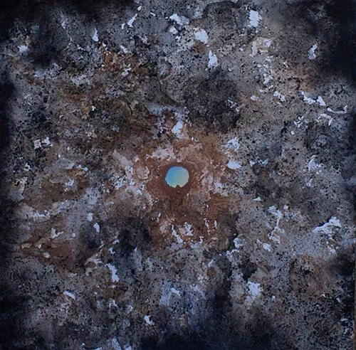 “Planet III version 1)” (mixed media on paper with soil from San Pedro de Atacama River and charcoal from the community of Coyo), by Ponnapa Prakkamakul, in a show opening April 6 at the Augusta Savage Gallery, Amherst, Mass., pandemic permitting. I…