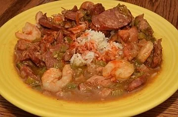 Shrimp gumbo with pieces of okra: industrial-strength Southern cooking