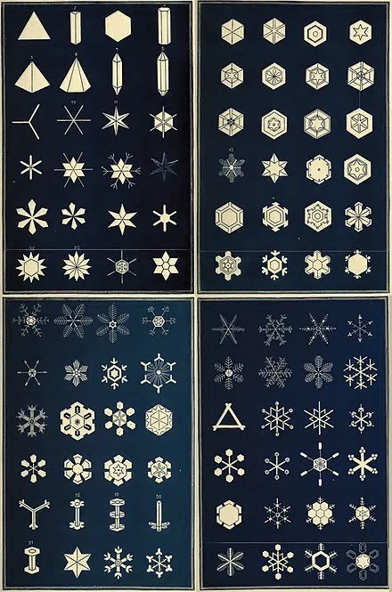 An early classification of snowflakes by Israel Perkins Warren (1814-92), an American Congregational minister as well as an editor and author. He lived in Connecticut and then Maine.