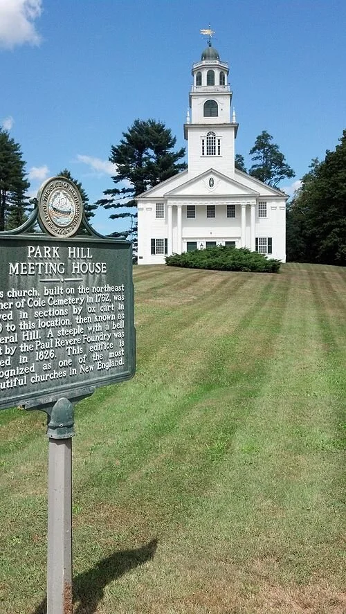 The gorgeous Park Hill Meetinghouse (a Congregational church), in Westmoreland’s Park Hill village, north of the town’s center. It’s gabled roof, portico, broad five-bay facade, paired pilasters at the corners and three entrances framed by pilasters…