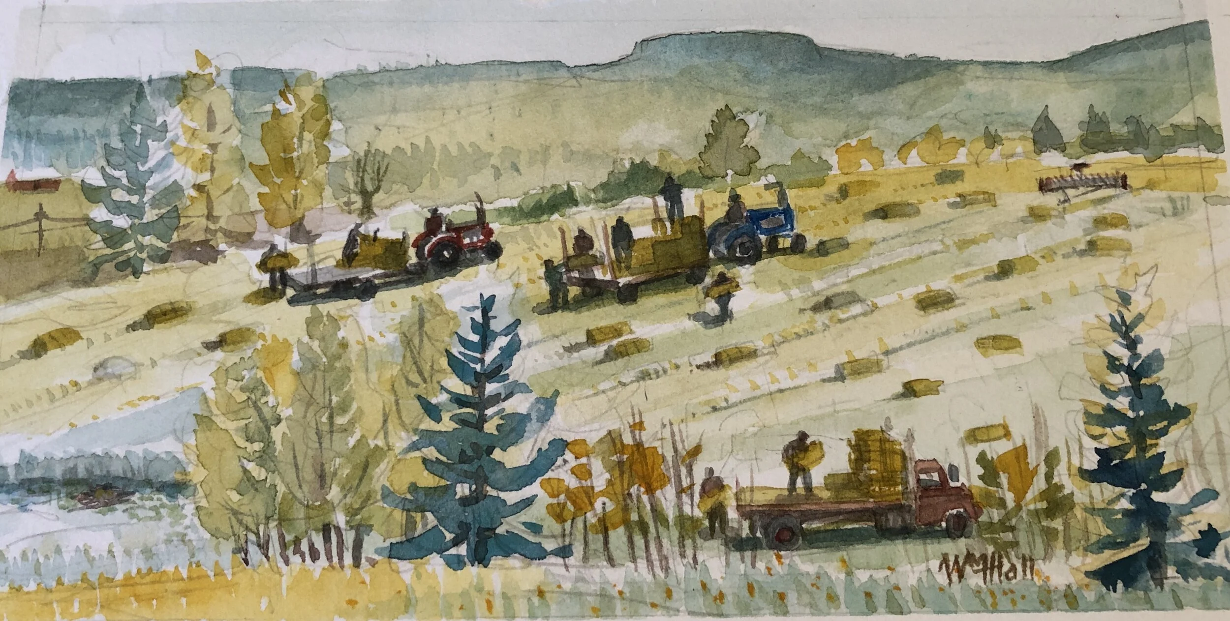 “Harvesting the Hay Crop on Deadline’’— Watercolor by Bill HallIn late May it could get hot in Vermont’s Connecticut River “Upper Valley’’. You shifted slowly from here to there, but you had to move. If you didn’t you’d swear you would suffocate. Yo…
