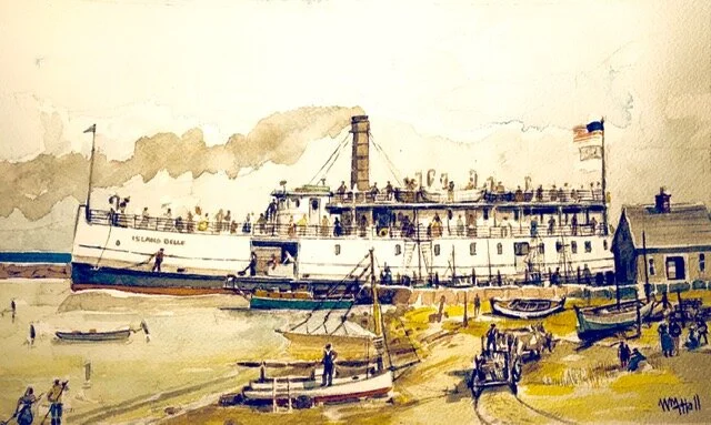 The Island Belle ferry at Old Harbor, Block Island, around 1900. Watercolor by William Hall.Note from Mr. Hall:I am an artist and part-time Rhode Islander who spends much of each summer in Harbor Springs, Mich., on Little Traverse Bay. This was a bu…