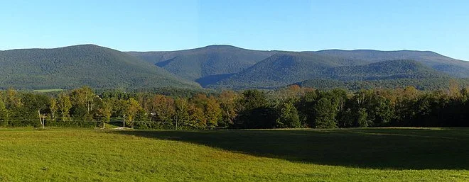 A view of the Mt. Greylock Range from South Williamstown (from the west). The Hopper, a glacial&nbsp;cirque, is centered below the summit.