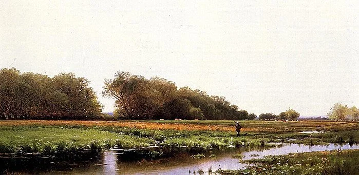 “Hunter in the Meadows of Old Newburyport, Massachusetts, c. 1873, by&nbsp;Alfred Thompson Bricher.  Cattle have been turned into the marsh for pasture, a practice still allowed on some marsh farms of the area.