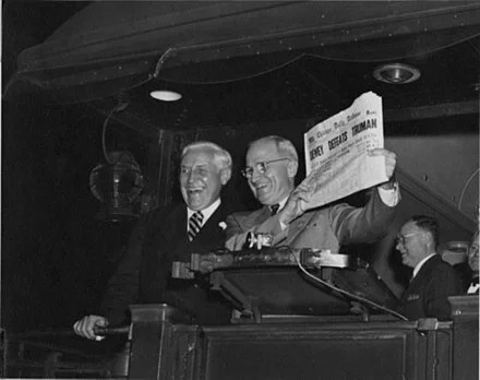 Nov. 3, 1948: President Harry S. Truman, shortly after being elected as president, smiles as he holds up a copy of the Chicago Daily Tribune issue prematurely announcing his electoral defeat. This image has become iconic about the consequences of ba…