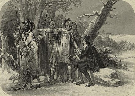 Rhode Island founder Roger Williams with  members of the Narragansett tribe circa 1636.