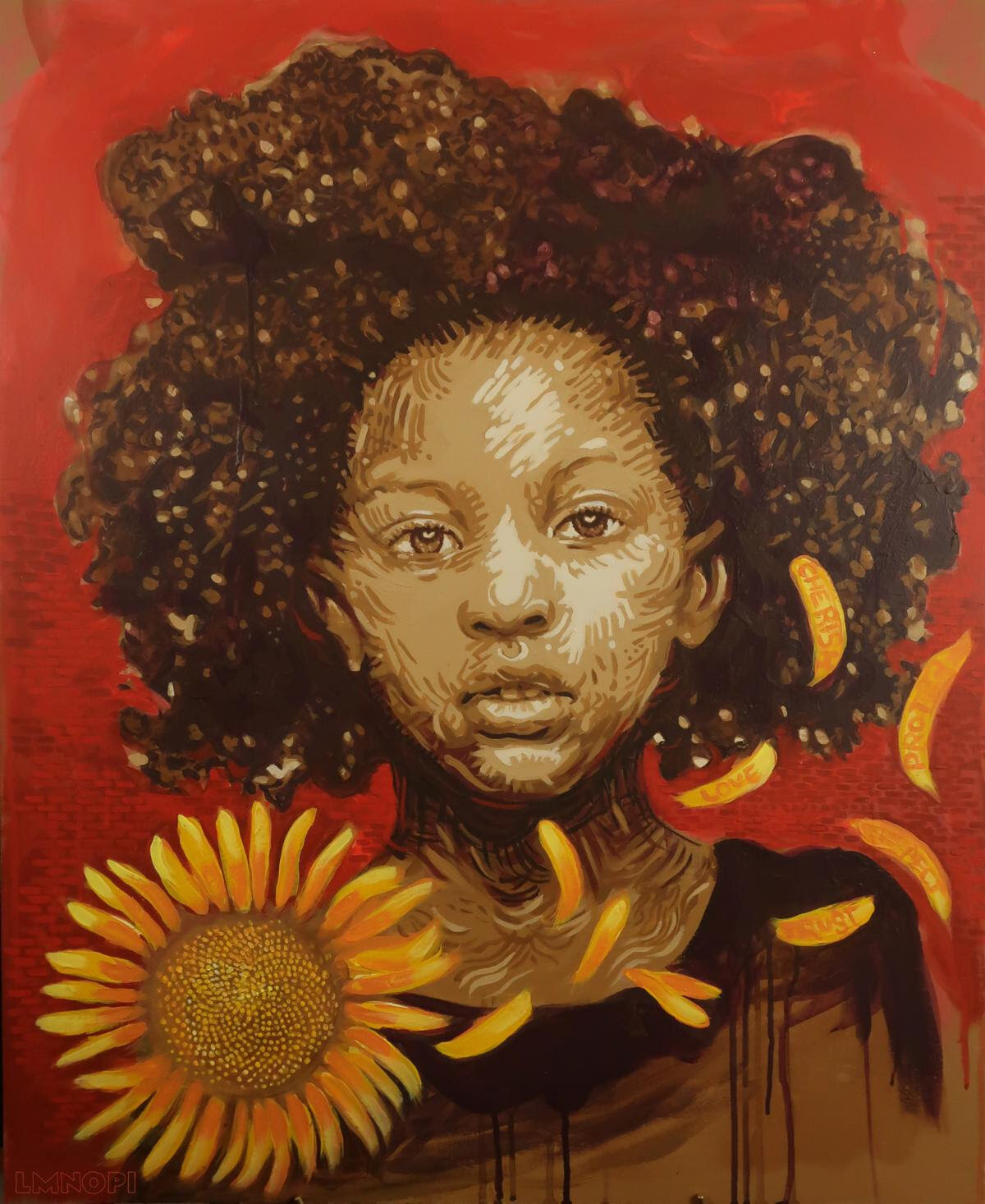 “We Who Believe in Freedom” (study acrylic on birch panel),  by LMNOPI (yes — that’s her name), in the Bennington (Vt.) Museum’s show through Dec. 28   entitled “Vermont Utopias: Imagining the Future .’’ The show is part of  “2020 Vision: Reflecting…
