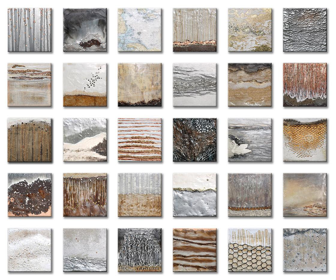 “Hiatus No. 2" (encaustic &amp; mixed media on 30" panels), by Robin Luciano Beaty, at Lanoue Gallery, Boston