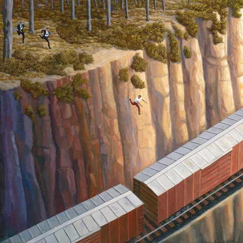 “Boxcar Getaway” (oil on panel), by Bruce Ackerson, in his show “Birds-Eye Views,’’ at the University of Massachusetts at Amherst’s Hampden Gallery, through May 14.The gallery says:“From a birds-eye view, the artist presents narrative scenes which a…