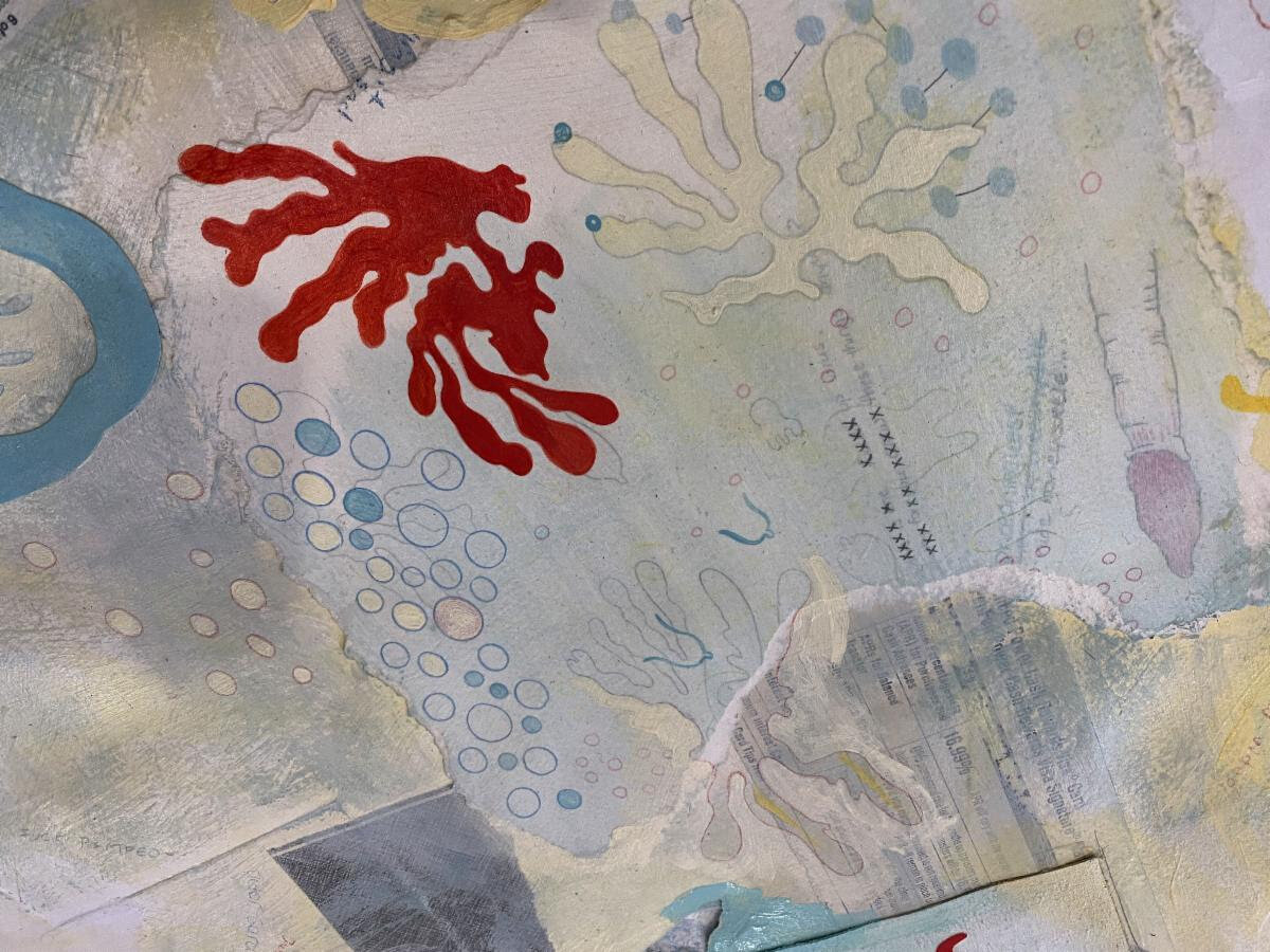 “Fish” (detail), by Elif Soyer, in her show “Bycatch,’’ at Kingston Gallery, Boston, May 5-30.The gallery says:“The work in ​ ‘Bycatch’ began as ​Elif Soyer’​s ongoing attempt to journal while repurposing mounds of unsolicited junk mail, layering the mundane over the mundane. Soyer says she recognized mid-way through hanging her previous shows, ​ ‘Balance Due’ and ‘Daily,’  that this theme was one that she would keep drawing on while incorporating ‘refuse’ from previous projects. Paper, pencil, acrylic, cloth, string, tempera, pen, watercolor, junk mail, and bills produce textured and subtle imagery suggestive of, variously, lichen, ear canals, viruses, eyeballs, branches, phrases, fish, neurons and plants, familiar motifs from the artist’s canon. “Says Soyer: ‘The materials, the drawing, writing, and painting are informed by the way I see: space filled with layers and layers, textures, forms and contrast yet always space - the eye takes in so much, the net captures what was not intentionally looked for as well as my original focus. My friends and family say that my untraditional aesthetic must be influenced by my bi-cultural Turkish/American upbringing, surrounded by mosaics, textiles, and tapestries rich in contrast. My bycatch collects clashing materials that co-exist just the same, and eventually manage to coalesce into their own environment.”’