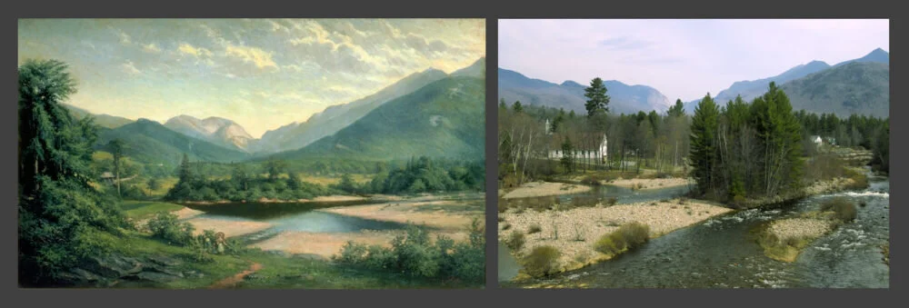 “Franconia Notch” (oil painting, left), by George Albert Frost (1843-1907); Franconia Notch in 2004 (right)