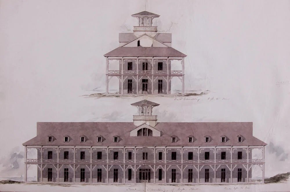 Architectural drawing of the Pavilion Hotel, in Gloucester, Mass., designed by S.C. Bugbee, for Sidney Mason, and built in 1849. The drawing is at the Cape Ann Museum, Gloucester. The long-gone hotel was the first big summer resort hotel on Cape Ann, serving the era’s growing bourgeoisie as New England’s economy boomed. Finished version below.