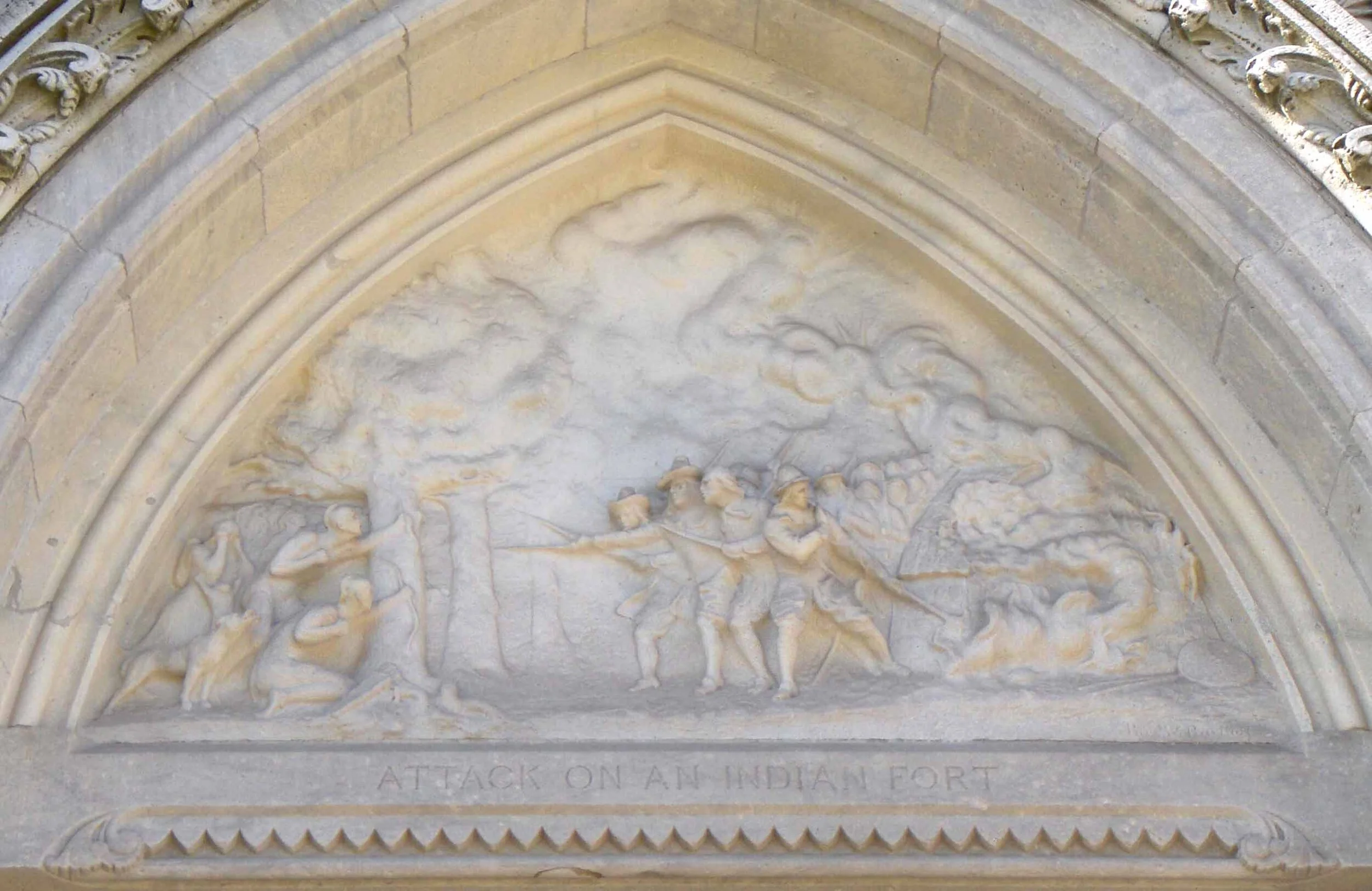 Bas relief  at the Connecticut Capitol of fighting in the Pequot War of 1636-1638