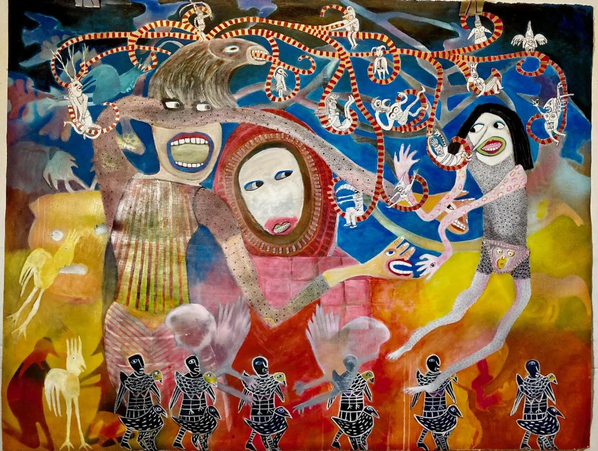 “Secrets Never Told” (acrylic and ink on paper), by Deb Mell, in a group show through July 17 at the Berta Walker Gallery, Provincetown, Mass.The gallery says:“Deb Mell’s paintings and sculpture surprise at every turn, incorporating fantastic creatures, imaginative figures, beads, snake skins, feathers secured from hunters, metals and recycled material. ‘There isnothing I won’t use. I think of the stuff I use as ‘my palette’’. "Mell’s art defies easy categorization, much as did the now-famous ‘Chicago Hairy Who’ artists”.