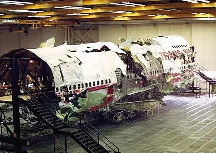 Wreckage of TWA 800 being reconstructed at Calverton Executive Airpark, in Riverhead, New York, by the National Transportation Safety Board in May 1997
