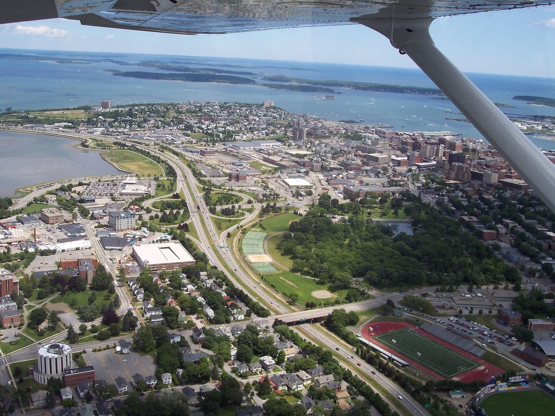 Portland from above, looking north along&nbsp;I-295. Note the islands in Casco Bay.— Photo by Tye dye 9205&nbsp;