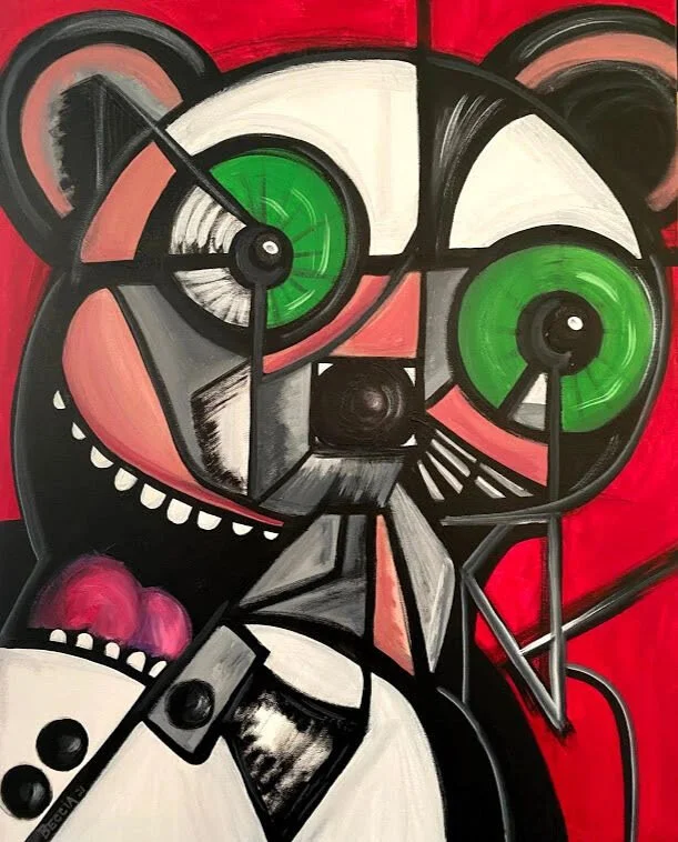 “Metamorphic Mouse”  (acrylic on canvas), by Stephen Beccia, in his joint show with Richard Cross at the Loading Dock Gallery, Lowell, Mass., through Aug. 29.The gallery says the show “explores contemporary figurative art, inspired by the Cubism and Pop movements of the 20th Century with the nuances, icons and mediums of the 21st.‘‘Strong influences of Basquiat and Picasso appear in Beccia’s work in geometric shapes as well as a look at the surreal and familiar. He explains he’s ‘searching for a world of design and color that does not yet exist.’’’