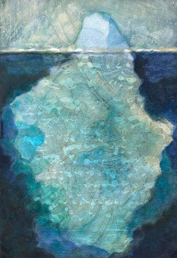 “Floating Island’’ (oil and mixed media on paper),  by Kata Hull, in the group show of New England artists  titled “Cool” at Bromfield Gallery, Boston, through Aug. 22.The gallery says:“Chilly, poised, nerveless, refreshing, brilliant. This exhibition features art work that helps everyone cool of in the heat of the summer.’’