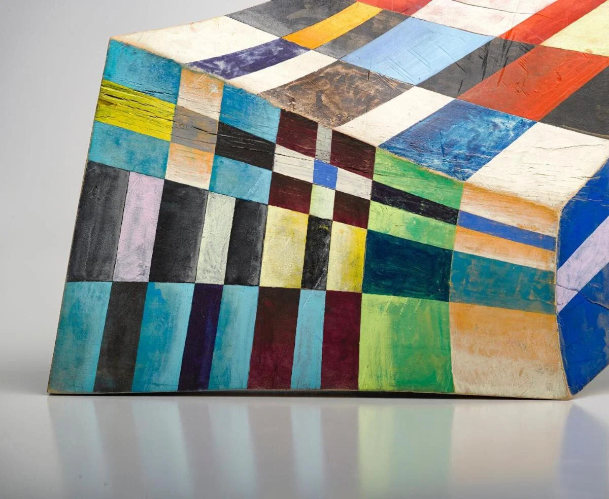 “Plaid Flannel” (carved polychromed sugar maple), by Vermont artist Clark Derbes, in his show “Time Travelers and Portals,’’ at the Hall Art Foundation, Reading, Vt., Aug. 28-Nov. 28.The show’s organizers say: “Derbes first cuts blocks of wood from a variety of tree species, including elm, poplar and maple. Continuing to carve each block into a unique and dynamic shape, he meticulously chisels, paints, sands and burnishes each piece in order to achieve a variety of complex geometric visual systems, planes, patterns and patinas.”