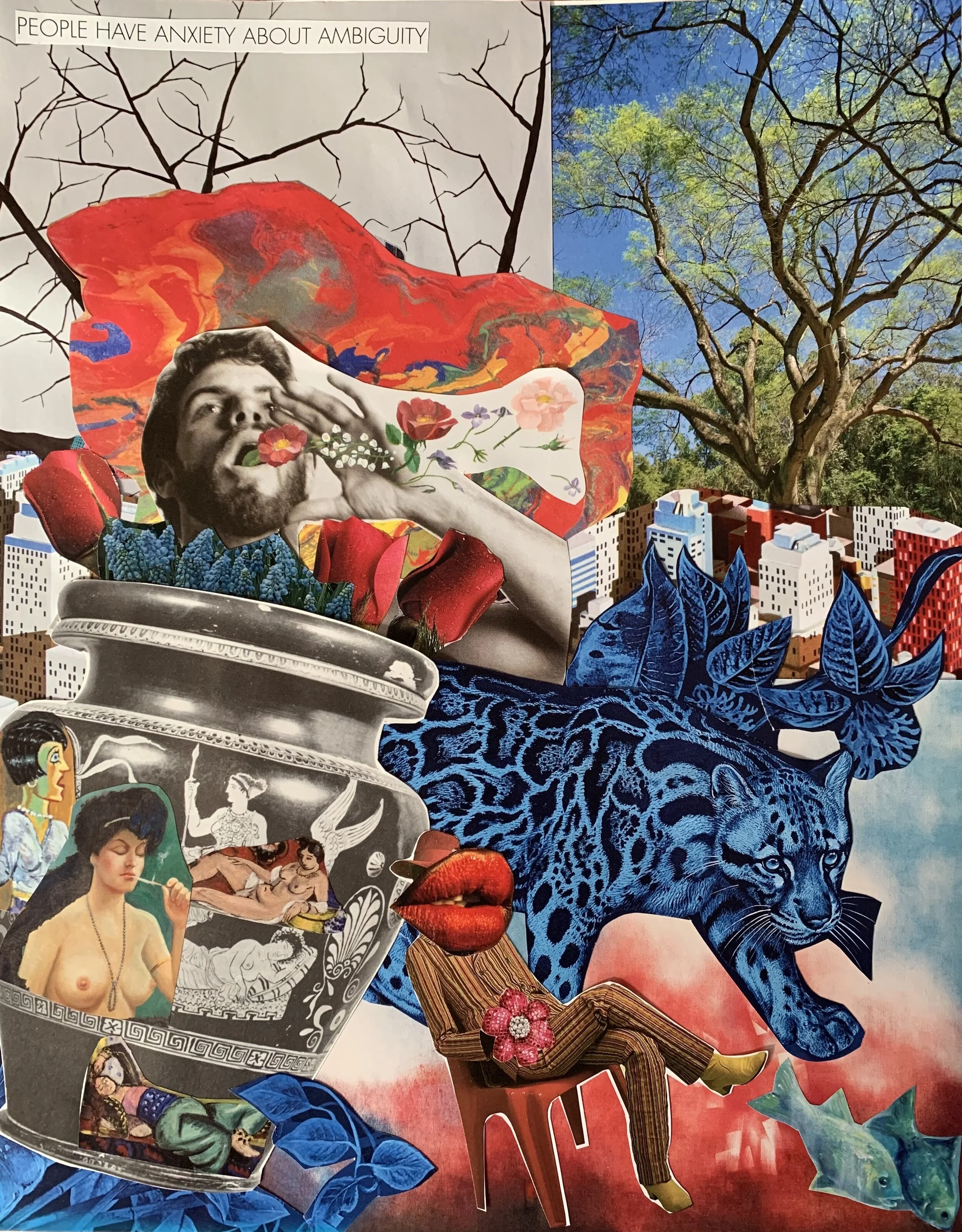 “People Have Anxiety about Ambiguity”  (collage), by Liza Basso, in the group show “Re Sisters: Speaking Up; Speaking Out ,’’ at Brickbottom Artists Association, Somerville, Mass., Sept. 9-Oct 10.The gallery says:“The current political climate has put women’s rights and civil rights at risk. This exhibition is meant to bring attention to the recent resurgence in feminist art and its connection to activism and politics, as women face rollbacks in reproductive rights, the disproportionate effects of Covid 19, and a year that saw more women elected to political office than ever before. Through collections that delve into histories that are political, personal, and shared, ReSisters explores the experiences of women in a post-trump era.’’