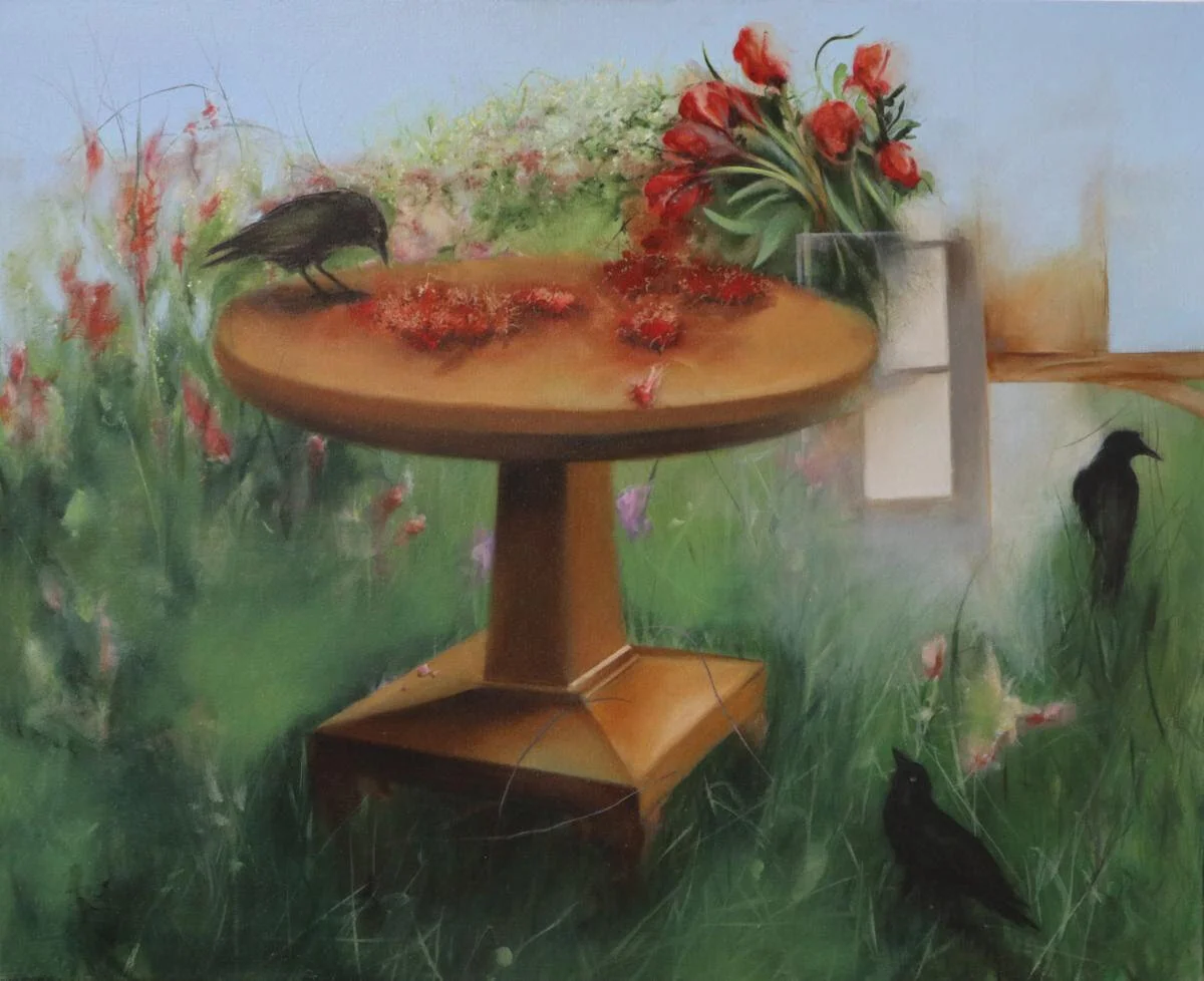 “Fine Dining” (oil on canvas),  by Joan Baldwin, at the Kingston Gallery, Boston, through Sept. 26.  She works out of  a studio at  River Street Artists, part of Waltham Mills Artists Association, in Waltham, Mass.
