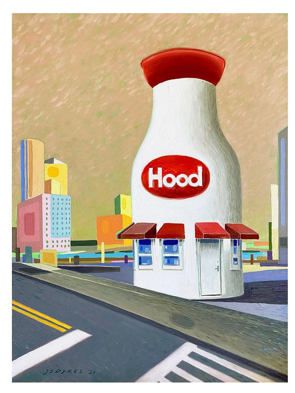 “Milk Bottle,’’ by John S. Sykes, in his show at The Gallery at 249 A Street, Boston, through Sept. 14. The show is inspired by mid-20th Century advertising. H.P. Hood for years has been the dominant New England dairy company. It was founded in 1846 in Lynnfield, Mass., and is now based in the Charlestown section of Boston.