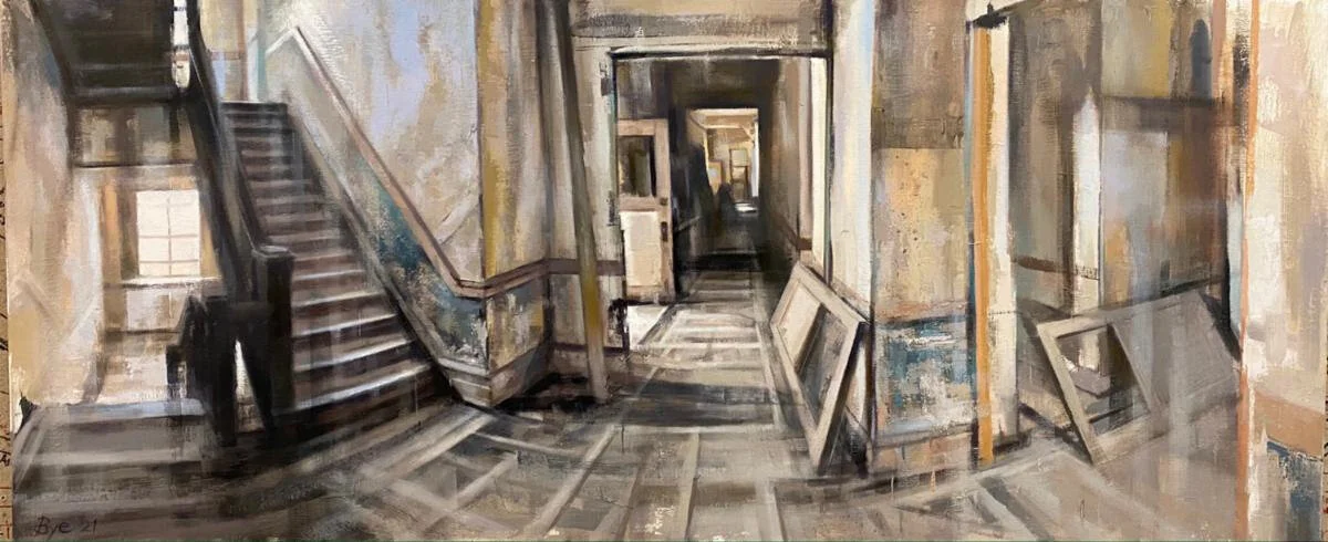“Intersection” (oil on canvas), by Jeff Bye, in his show “Shenandoah,’’ at Edgewater Gallery, Middlebury, Vt., through Oct. 31.The gallery says:“In Vermont we have landscape painters who seek to capture and honor the natural beauty of our state. Bye has a similar focus, but his landscapes are the interior landscapes of buildings that once were inhabited and were vital to the towns and communities in which they stood but now are vacant, their histories held captive behind locked doors and boarded windows.’’