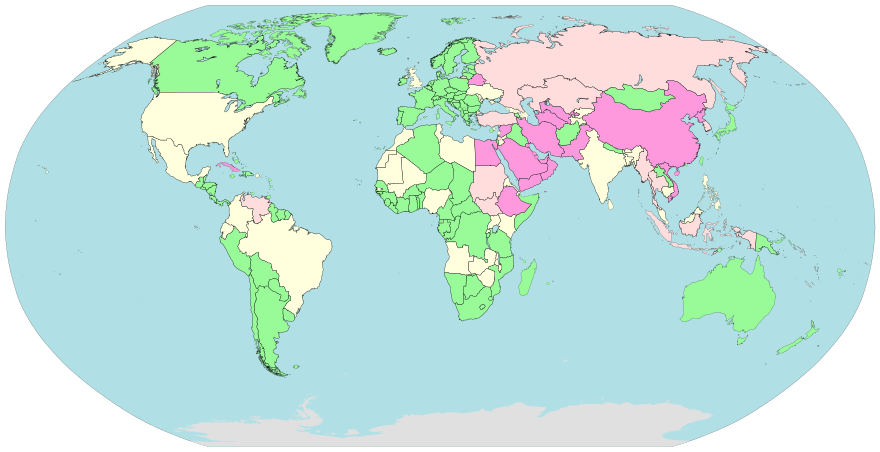 Internet censorship by country: Dark pink has pervasive censorship; light pink substantial; yellow selective, and green little or none.