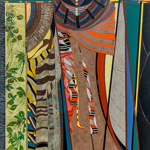 “Masai,’’ by Brenda Kingery, in her show “Weaving Villages,’’ at the Cahoon  Museum of American Art, Cotuit, Mass. (on Cape Cod), through Dec. 19. Ms. Kingery is a Chicksaw. “Each textile, dance, drum, and song is a living reminder of peoples’ resilience in the face of conflict,’’ she says.The museum explain that this idea informed her artwork while “she traveled through the Ryukyuan Islands of  Japan, Indigenous communities in Mexico and Central America, remote villages in Uganda, and Powwow celebrations in her native Oklahoma.”