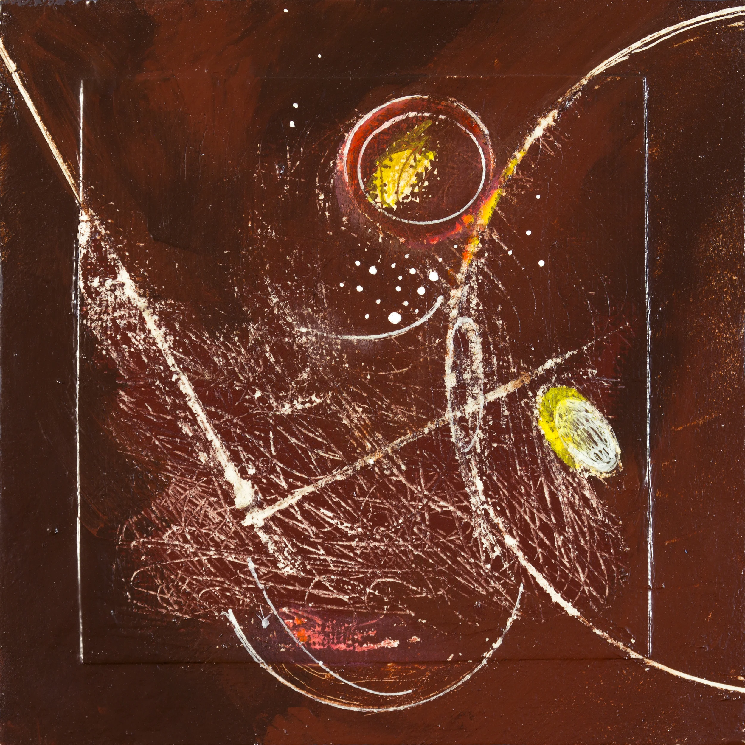 SOLD - Cosmos 3, 8" x 8", mixed media on paper mnt. on wood