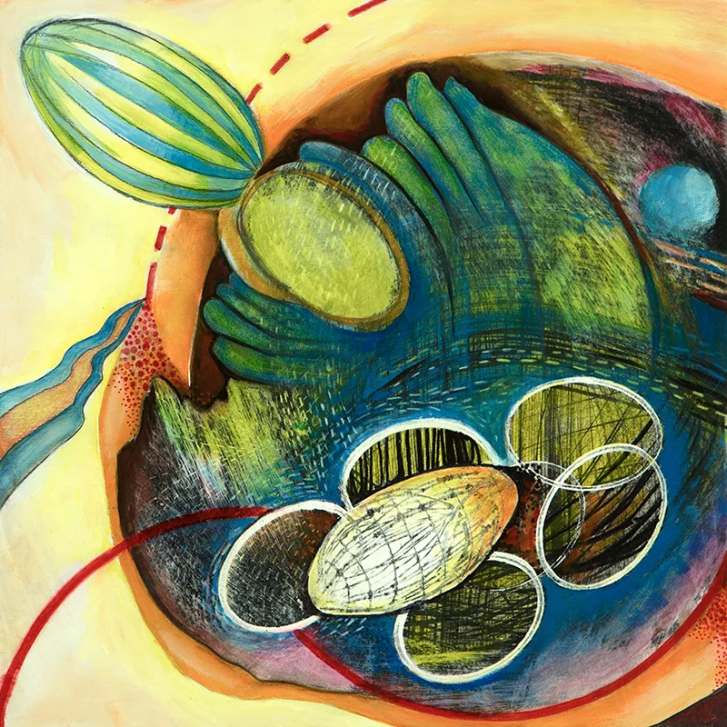Seeds on Hope, 14" x 14", mixed media on panel