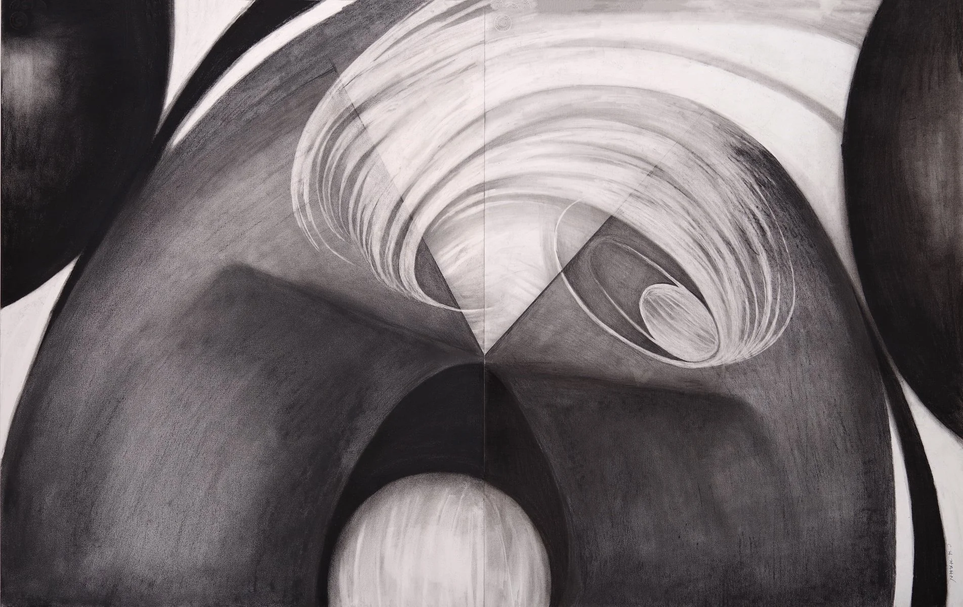 1- Resonant Universe #1, 35"h x 52"w (framed, plexi), graphite and charcoal on Strathmore 500# Bristol Brd, 2020, $2,980.00