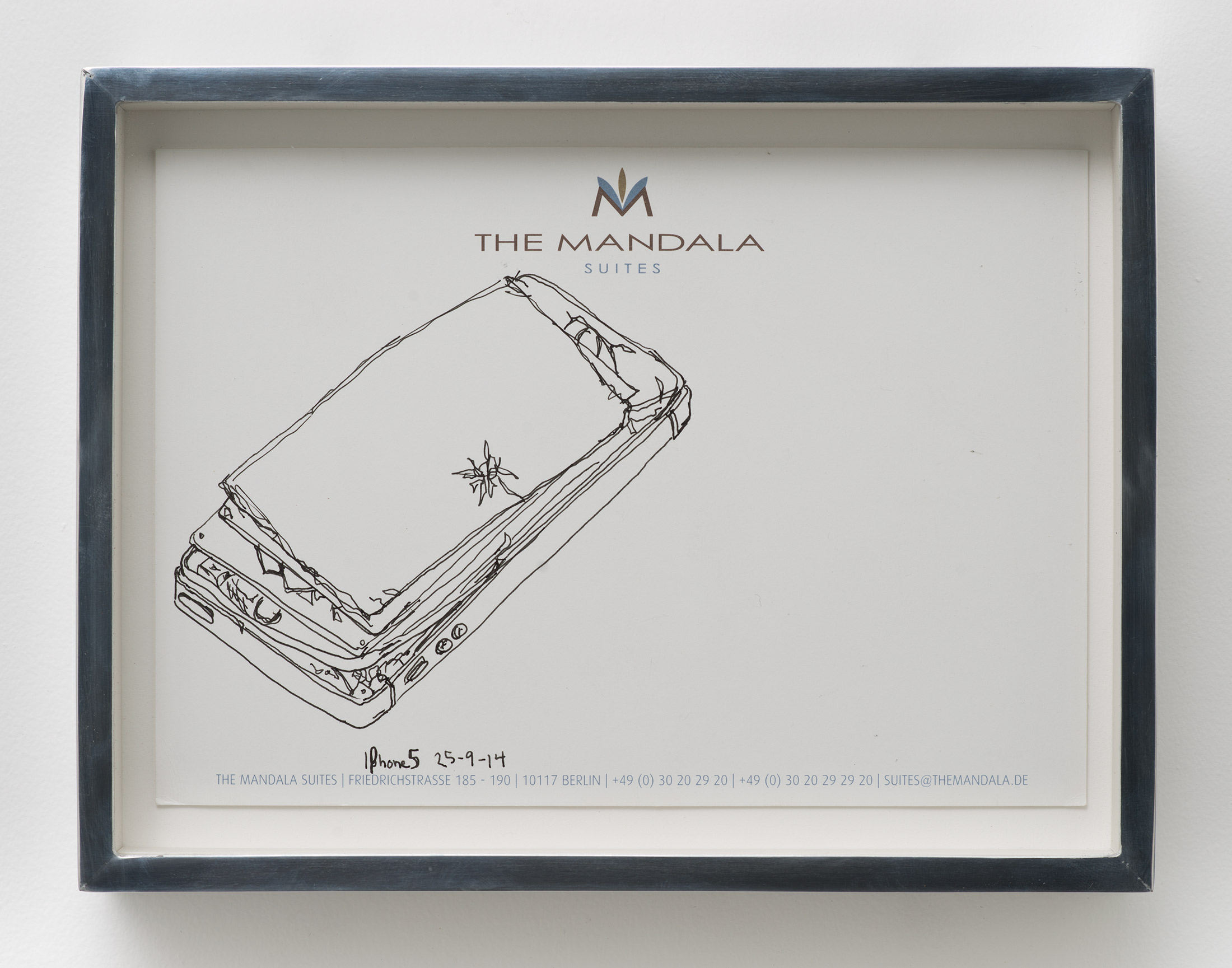   iPhone 5 A1429: The Mandala Hotel, Berlin, Germany, September 25, 2014    2015   Ink on letterhead  7 1/4 x 9 1/2 inches   Drawings, 2014–     
