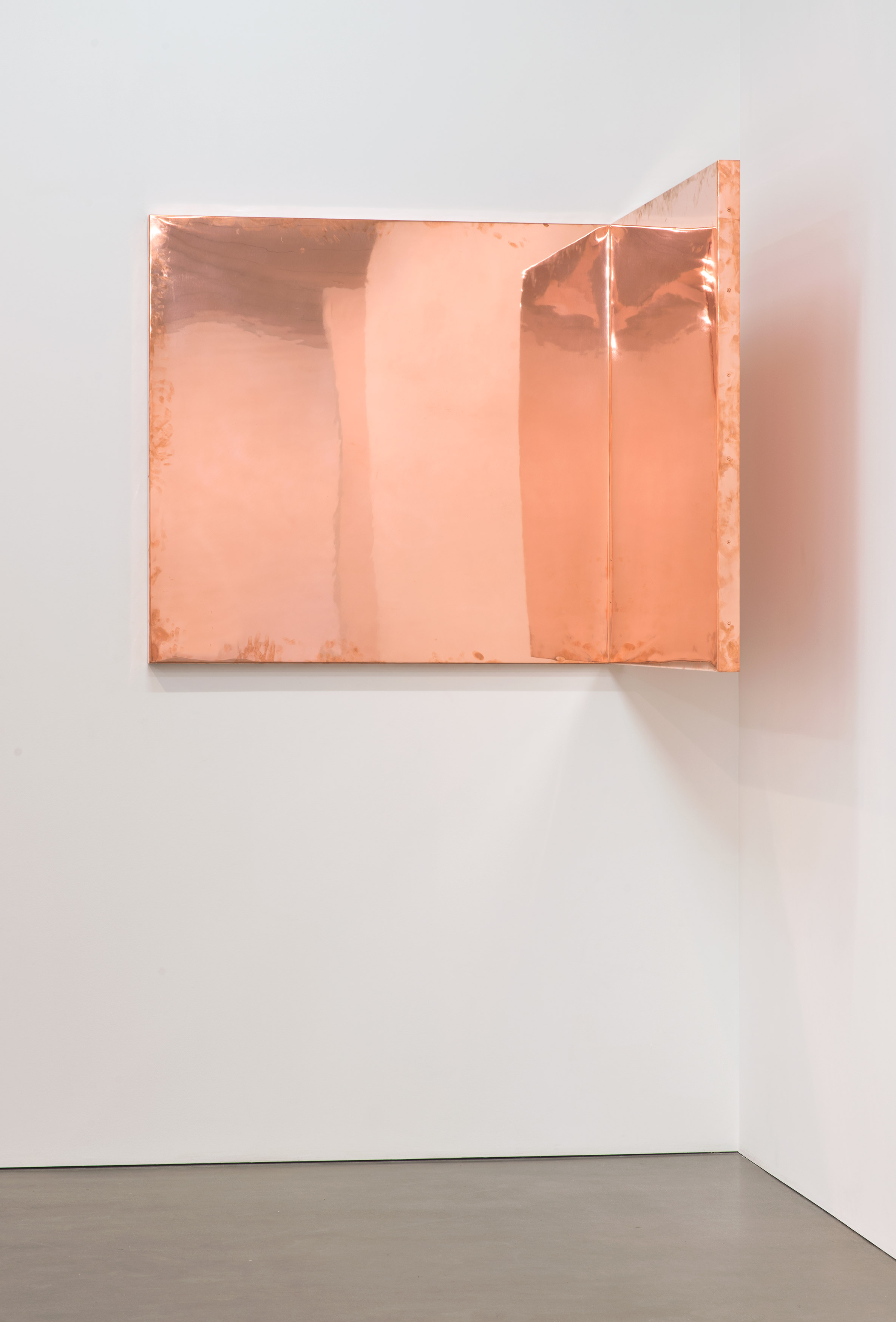   Copper Surrogate (60” x 120” 48 ounce C11000 Copper Alloy, 90º Bend, 60”&nbsp;Bisection: February 20/April 5, 2014, Los Angeles, California)    2014–   Polished copper  60 x 60 x 60 inches   Surrogates (Full Sheet, Art Handling), 2011–     