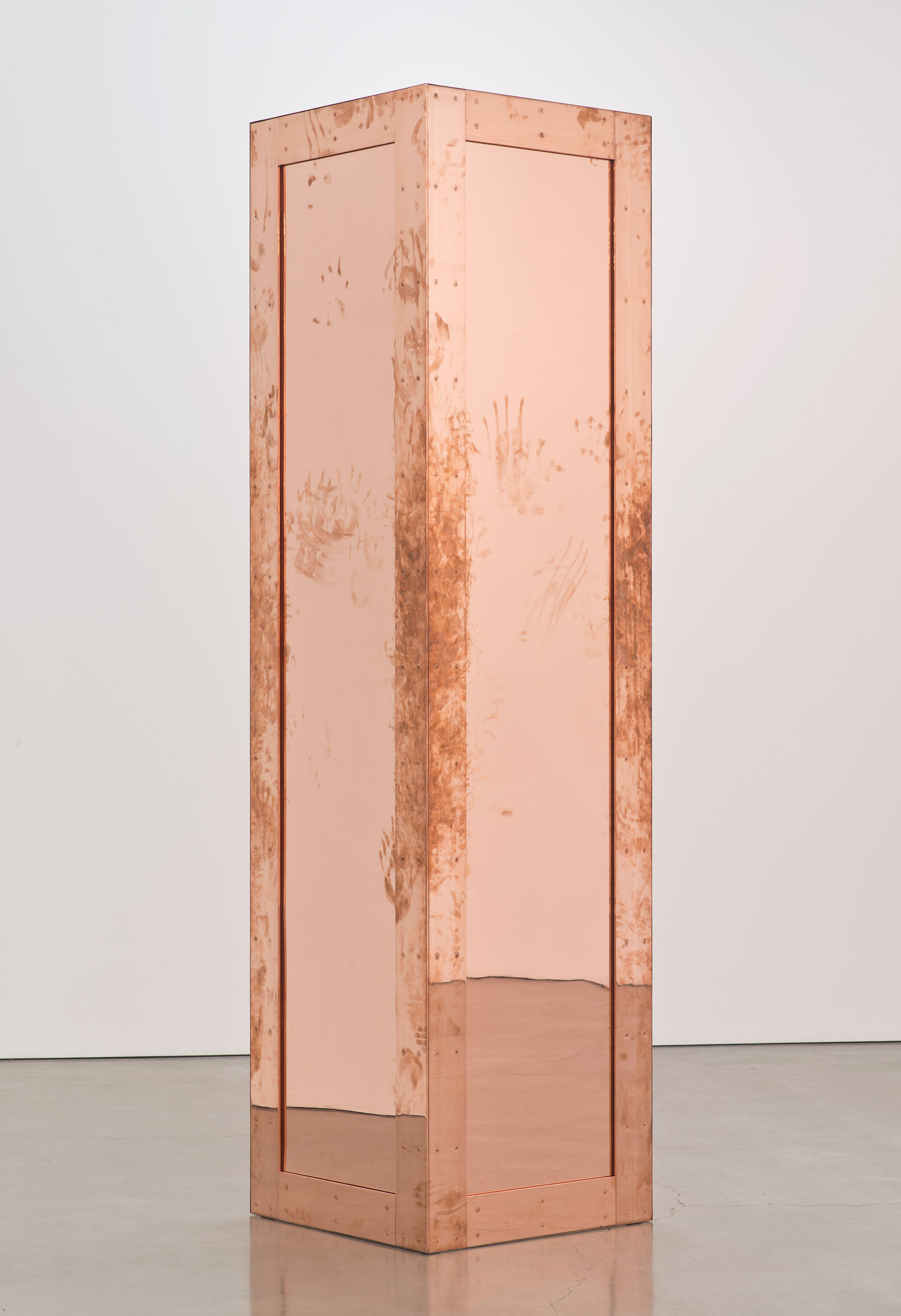   Copper Surrogate (60” x 120” 48 ounce C11000 Copper Alloy, 90º Bend, 120”&nbsp;Bisection: February 19-24/April 5, 2014, Los Angeles, California)    2014   Polished copper  120 x 30 x 30 inches   Surrogates (Full Sheet, Art Handling), 2011–     