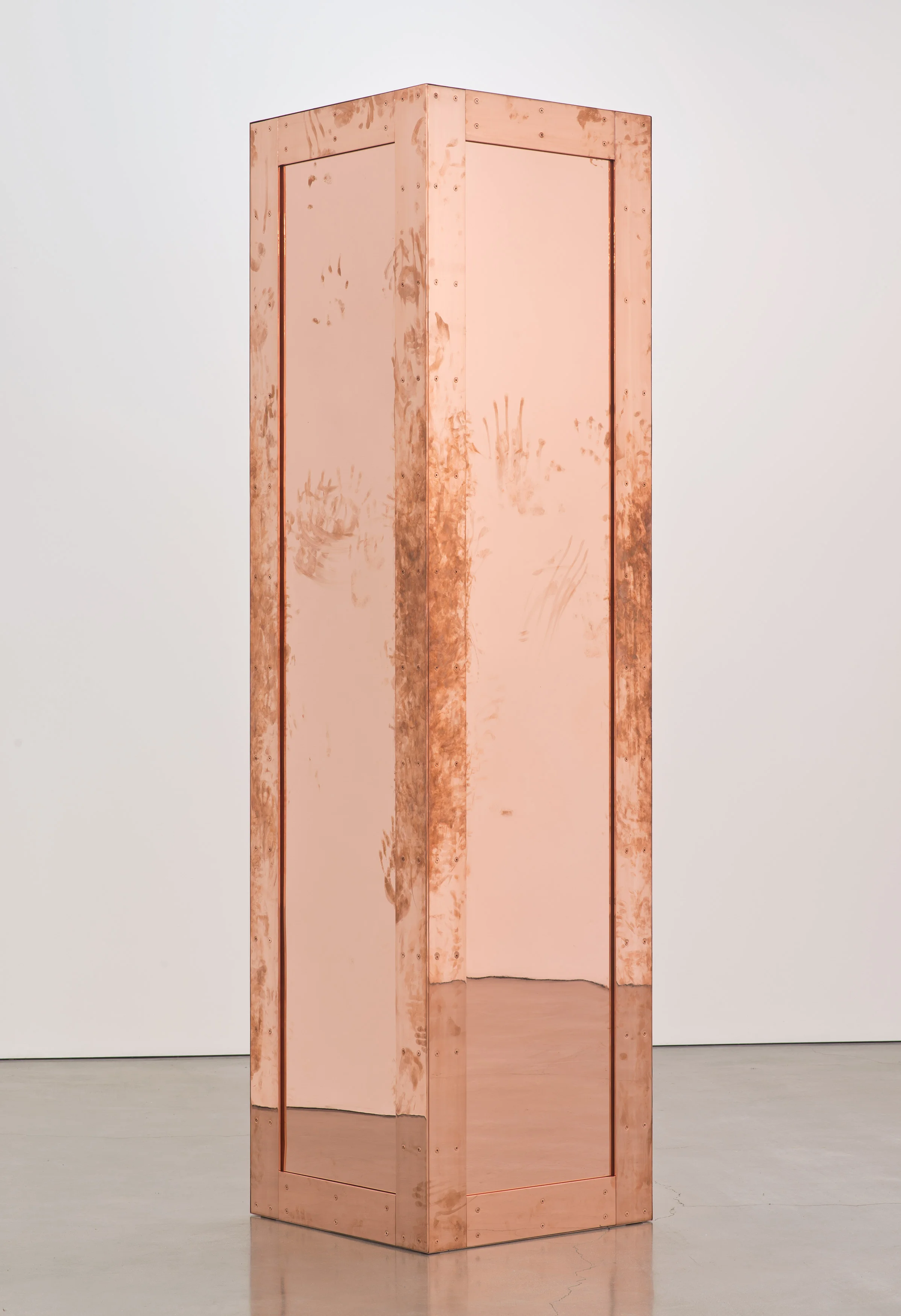 Copper Surrogate (60” x 120” 48 ounce C11000 Copper Alloy, 90º Bend, 120” Bisection: February 19-24/April 5, 2014, Los Angeles, California) 2014 Polished copper 120 x 30 x 30 inches Surrogates (Full Sheet, Art Handling), 2011–