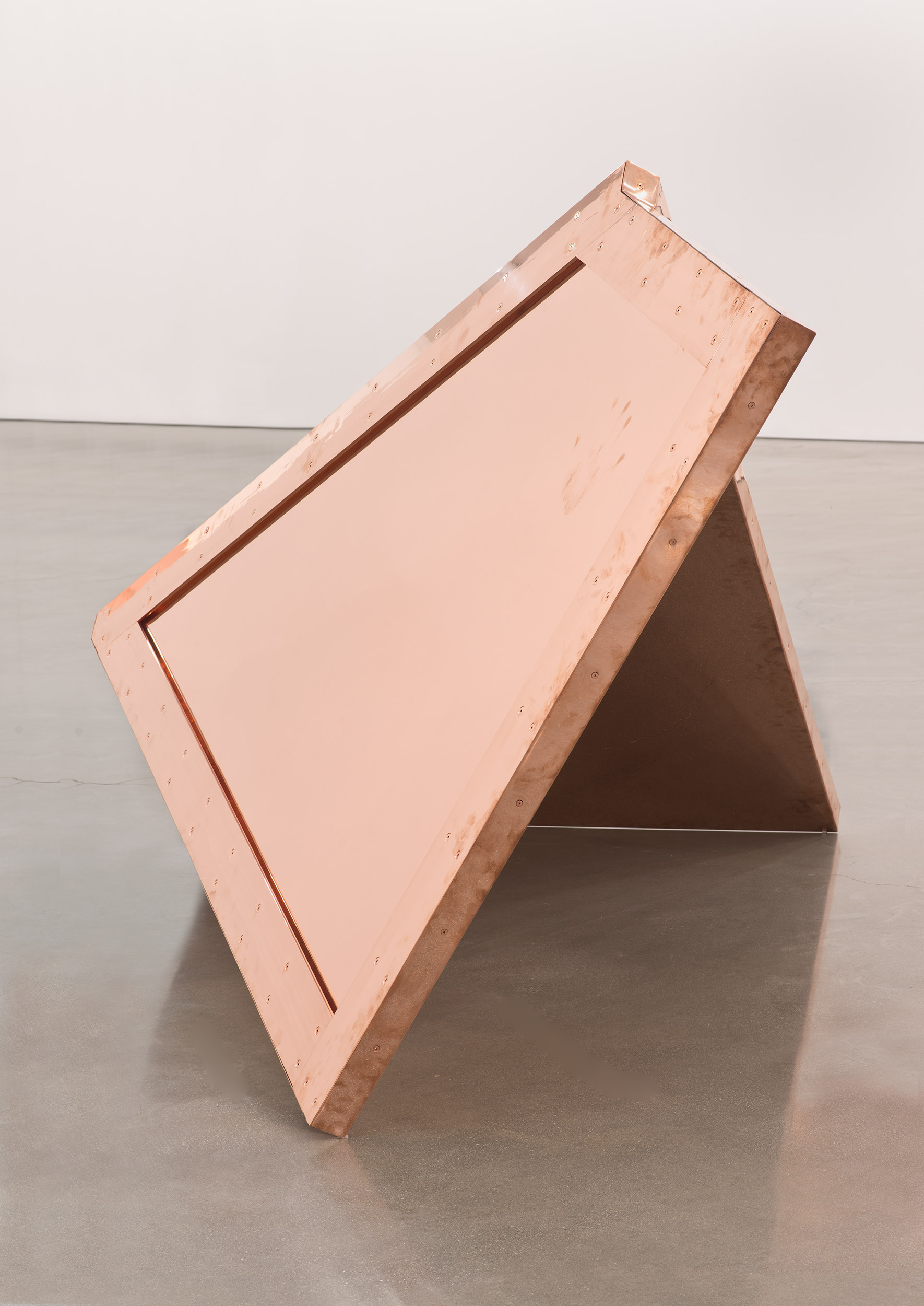   Copper Surrogate (60” x 120” 48 ounce C11000 Copper Alloy, 90º Bend, 77 3/4” 135º Antidiagonal / 45º Diagonal Bisection: February 19-21/April 5, 2014, Los Angeles, California)    2014   Polished copper  110 x 60 x 50 inches   Surrogates (Full Sheet