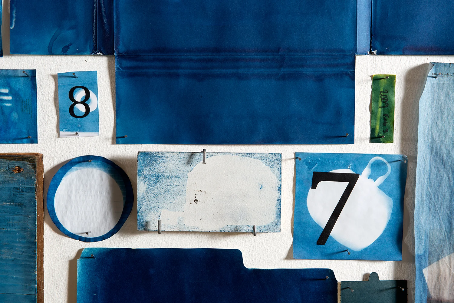 Detail of A Partial Disassembling of an Invention Without a Future: Helter-Skelter and Random Notes in Which the Pulleys and Cogwheels Are Lying Around at Random All Over the Workbench (7 October 2013–6 October 2014) 2014 Ammonium iron citrate and potassium ferricyanide on cellulose-based material, bound letterpress and digital offset print volumes Dimensions variable Cyanotypes, 2009–