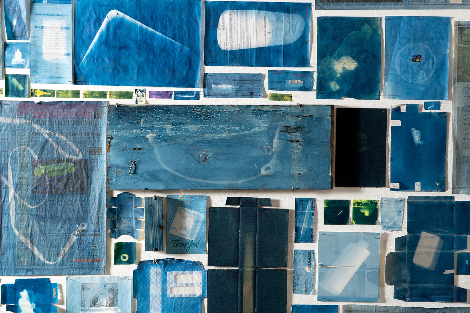 Detail of A Partial Disassembling of an Invention Without a Future: Helter-Skelter and Random Notes in Which the Pulleys and Cogwheels Are Lying Around at Random All Over the Workbench (7 October 2013–6 October 2014) 2014 Ammonium iron citrate and potassium ferricyanide on cellulose-based material, bound letterpress and digital offset print volumes Dimensions variable Cyanotypes, 2009–