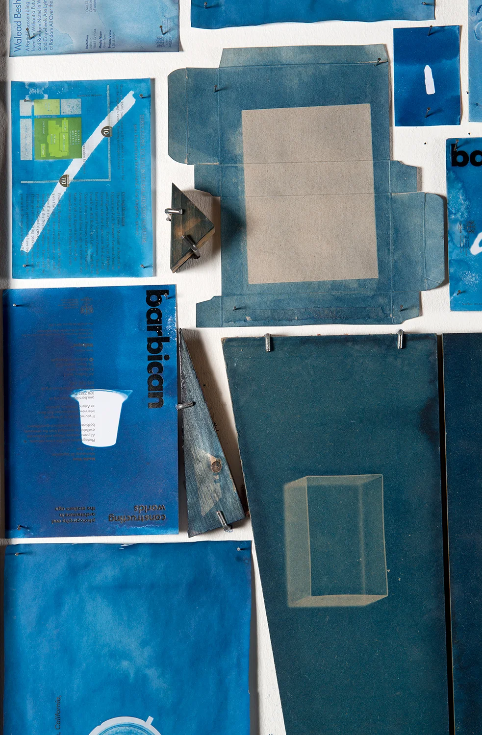 Detail of A Partial Disassembling of an Invention Without a Future: Helter-Skelter and Random Notes in Which the Pulleys and Cogwheels Are Lying Around at Random All Over the Workbench (7 October 2013–6 October 2014) 2014 Ammonium iron citrate and potassium ferricyanide on cellulose-based material, bound letterpress and digital offset print volumes Dimensions variable Cyanotypes, 2009–