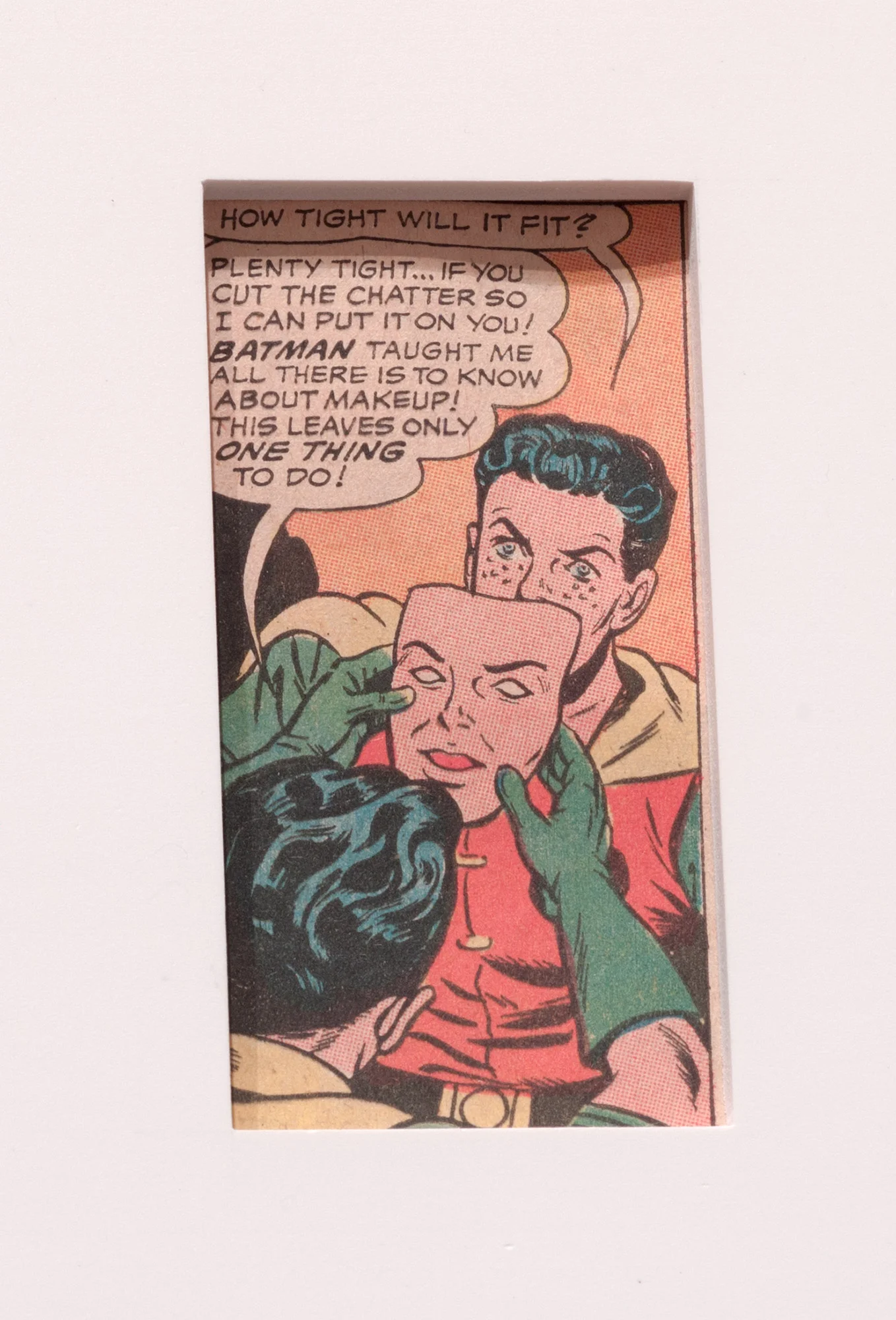Detail of Unmaskings (1962–2001: Jimmy Olsen 59; Super Girl and Wonder Woman 63; Jimmy Olsen 79; Detective Comics 335; Bob Hope 93; BlackHawk 210B; Action Comics 349; Jimmy Olsen 111; Green Lantern 69; Action Comics 379; Detective Comics 407; Adventure Comics 428; Adventure Comics 429; Black Magic 1A; Black Magic 1B; House of Mystery 237; Teen Titans Annual; Batman Family Giant 9; Iron Man 103; Batman 321; Brave and the Bold 176; Detective Comics 507A; Detective Comics 507B; Hawkeye 1; AlphaFlight 12B; Batman 318; Captain America 311; Captain America 320; Boris the Bear 11; Excalibur 1; Excalibur 2; Batman 458; The Mask 1; Human Target 1; Captain Planet 8; Batman 484; Blood and Shadows; DareDevil 358; Gen13 53; DareDevil 241; Betty and Veronica 117) 2012 Color offset periodicals, Cintra, Plexiglas, mat board 14 1/4 x 18 inches each, 41 parts Unmaskings, 2012–2013