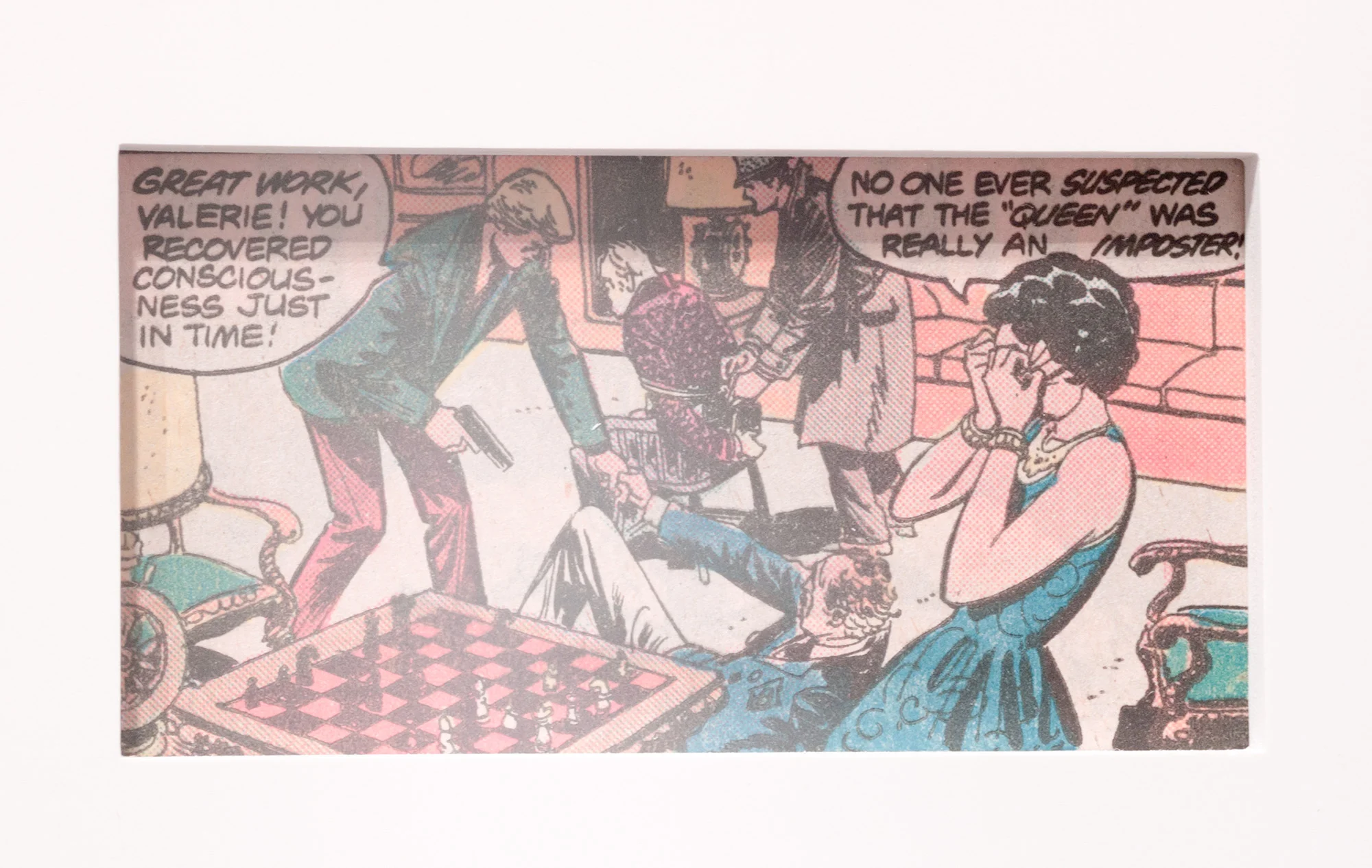 Detail of Unmaskings (1962–2001: Jimmy Olsen 59; Super Girl and Wonder Woman 63; Jimmy Olsen 79; Detective Comics 335; Bob Hope 93; BlackHawk 210B; Action Comics 349; Jimmy Olsen 111; Green Lantern 69; Action Comics 379; Detective Comics 407; Adventure Comics 428; Adventure Comics 429; Black Magic 1A; Black Magic 1B; House of Mystery 237; Teen Titans Annual; Batman Family Giant 9; Iron Man 103; Batman 321; Brave and the Bold 176; Detective Comics 507A; Detective Comics 507B; Hawkeye 1; AlphaFlight 12B; Batman 318; Captain America 311; Captain America 320; Boris the Bear 11; Excalibur 1; Excalibur 2; Batman 458; The Mask 1; Human Target 1; Captain Planet 8; Batman 484; Blood and Shadows; DareDevil 358; Gen13 53; DareDevil 241; Betty and Veronica 117) 2012 Color offset periodicals, Cintra, Plexiglas, mat board 14 1/4 x 18 inches each, 41 parts Unmaskings, 2012–2013