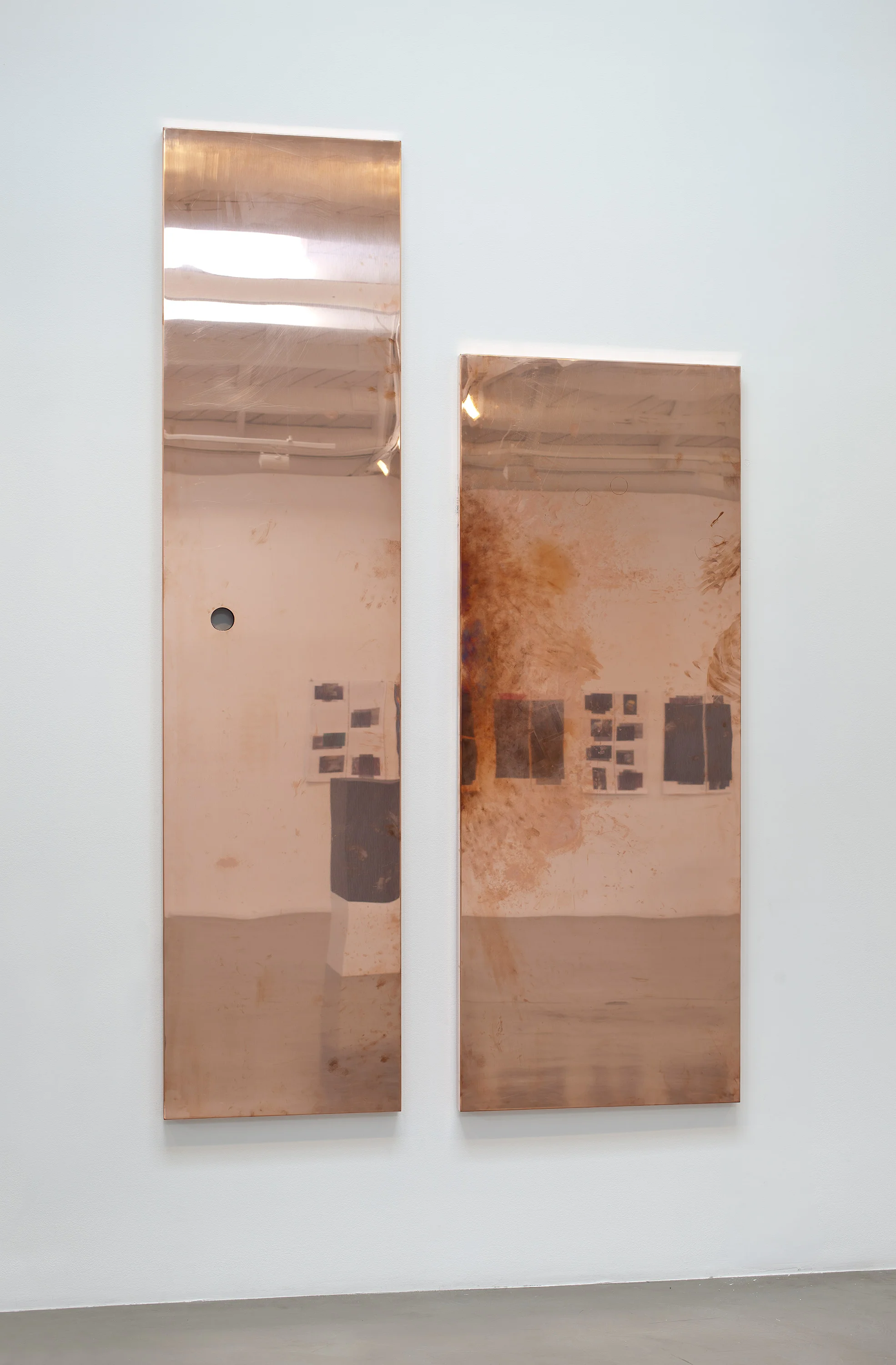 Copper Surrogate (Table: designed by Artistic Concepts, 2007; Regen Projects, Los Angeles, California, March 3–April 11, 2011) 2011 Polished copper and black powder-coated steel Table 1: 96 x 30 x 1 1/2 inches; Table 2: 78 x 30 x 1 1/2 inches; Base: 66 7/8 x 60 3/4 x 23 3/4 inches Surrogates (Tabletop and Desktop), 2008–