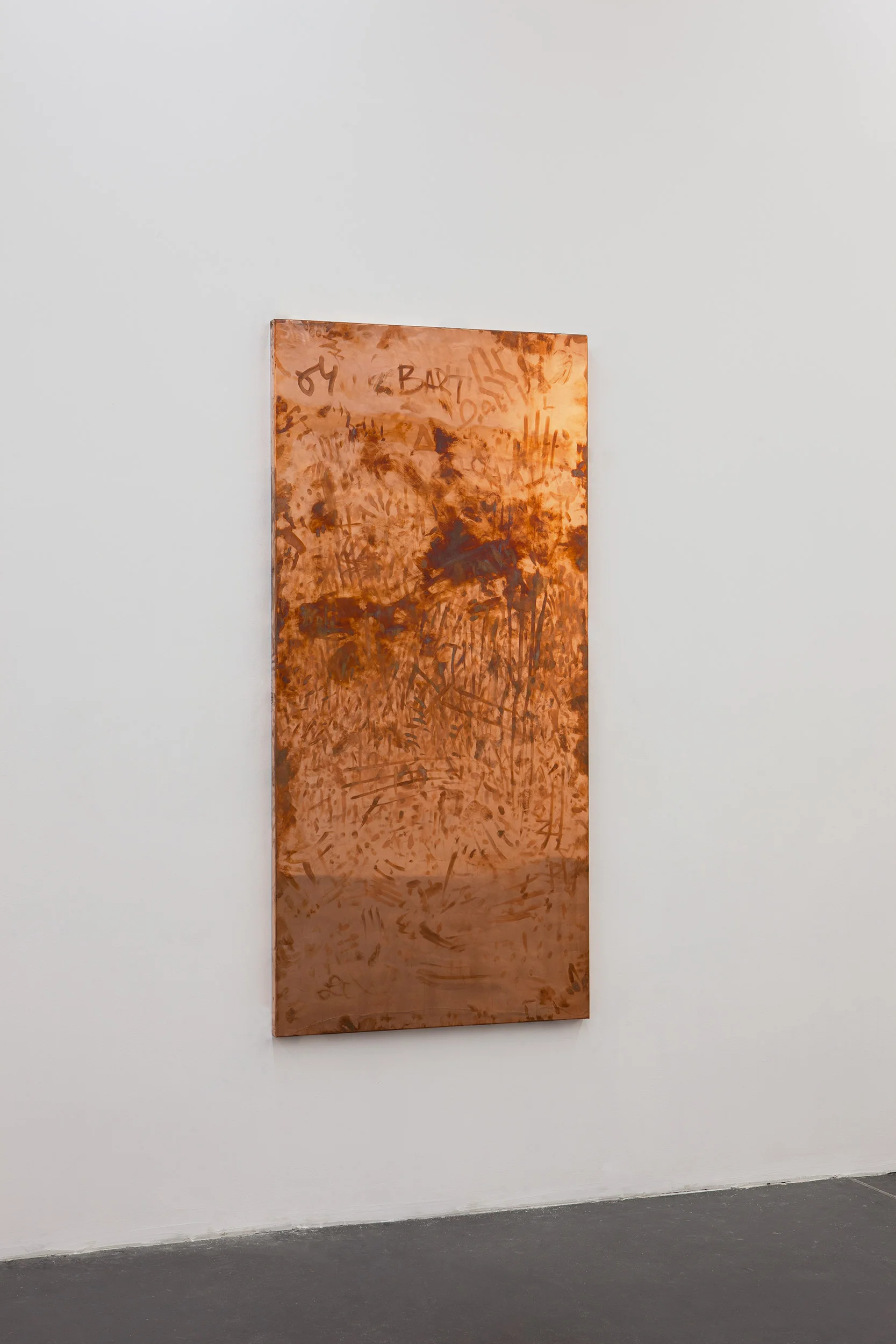 Copper Surrogates (September 20-23/November 21–23, 2011, Beijing, China, June 13–18/November 21, 2012Los Angeles, California, November 29–December 3, 2012, Miami Beach, Florida) 2011 Polished copper 74 3/4 x 35 1/2 x 1 1/2 inches Surrogates (Full Sheet, Art Handling), 2011–